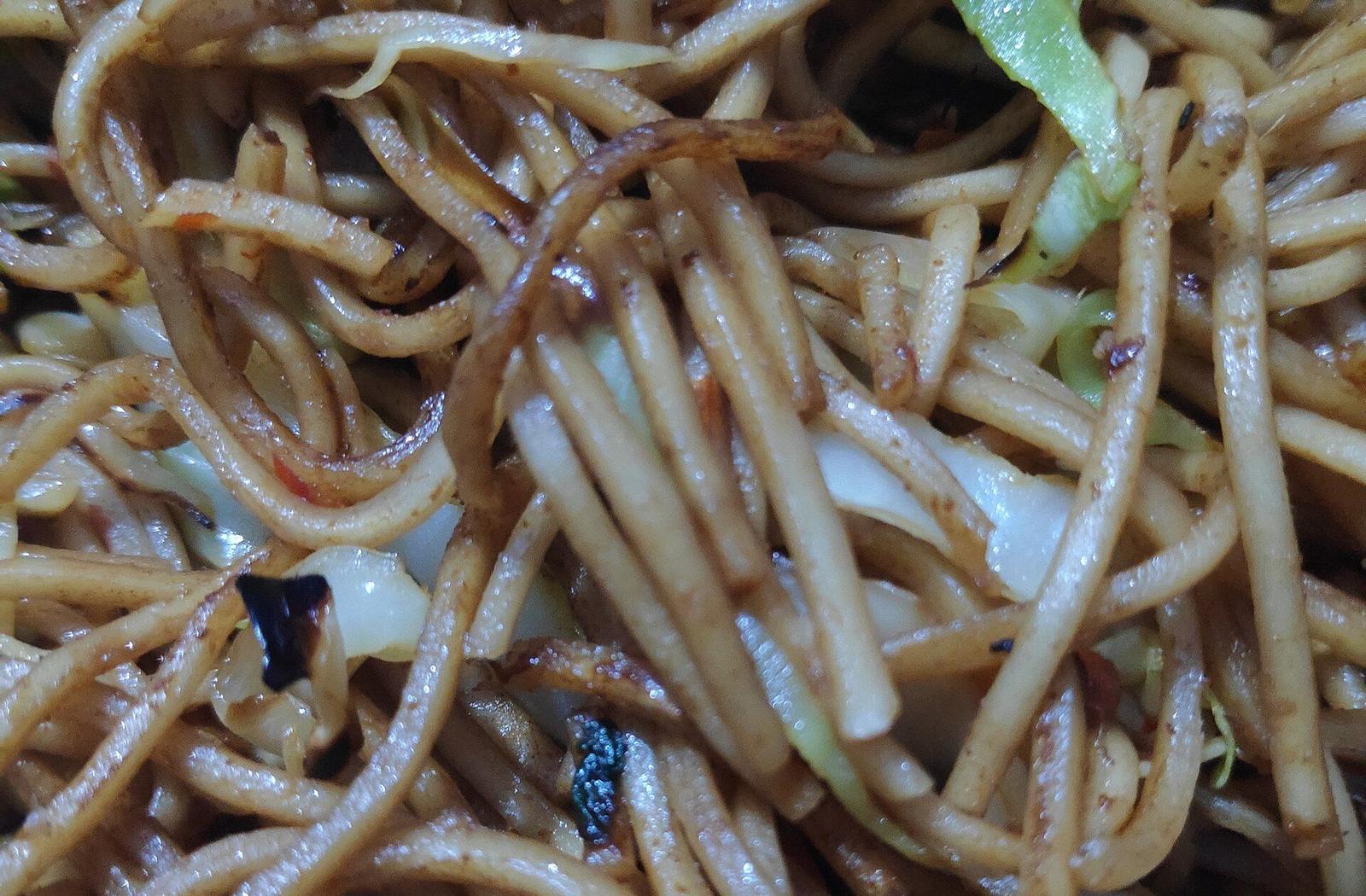 Close-up of freshly stir-fried chowmein noodles